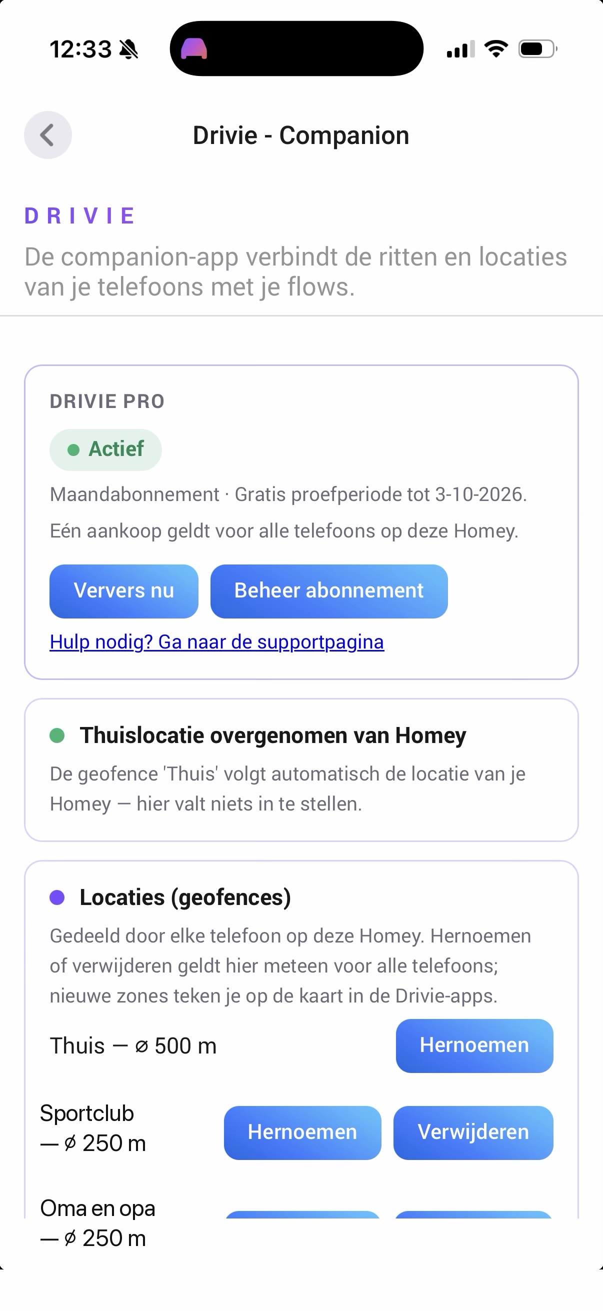 De companion-instellingen met een actief Drivie Pro-abonnement
