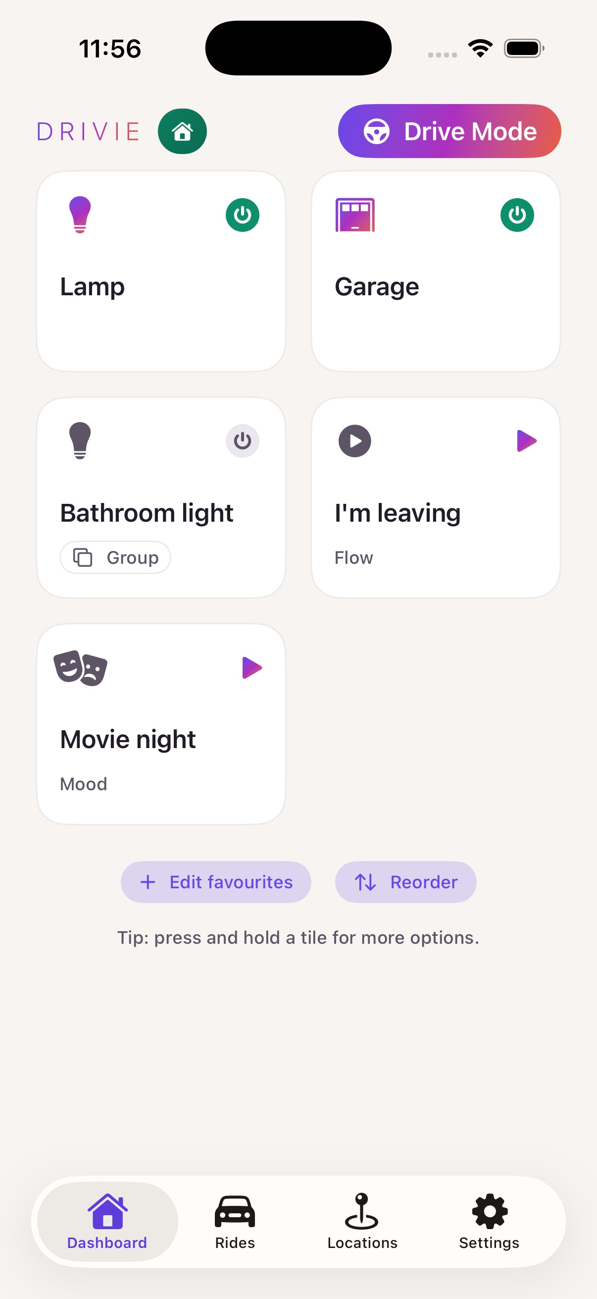 Het Drivie-dashboard met favoriete apparaten, flows en moods
