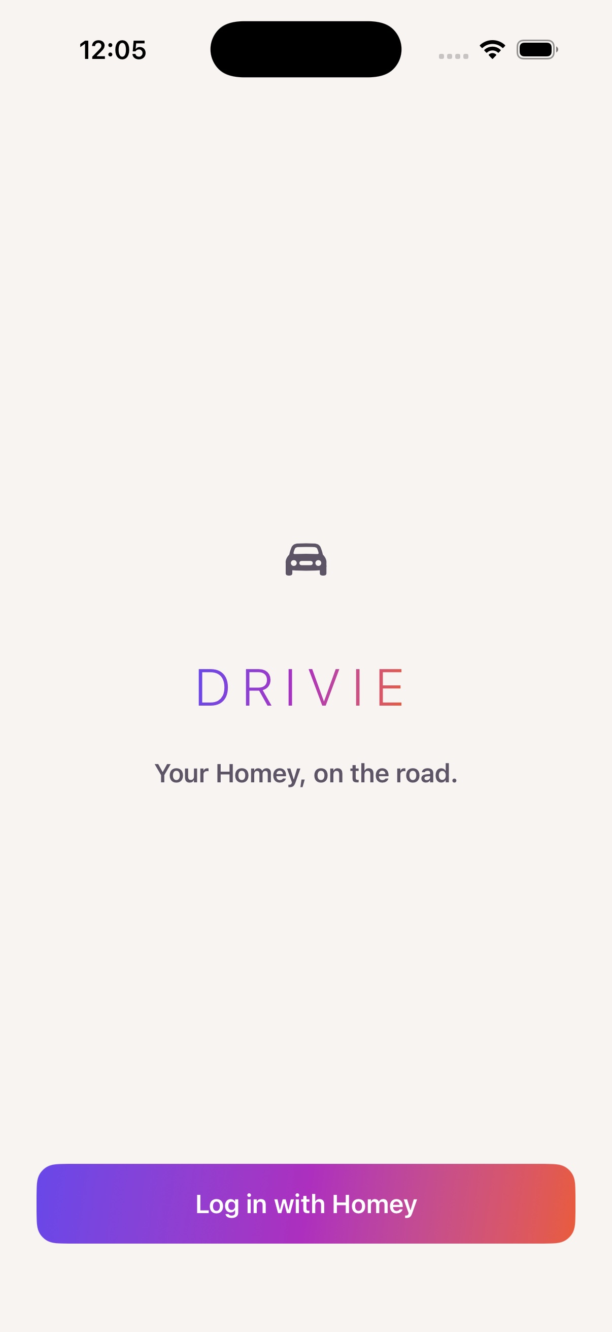 Het inlogscherm van Drivie met de knop "Log in with Homey"