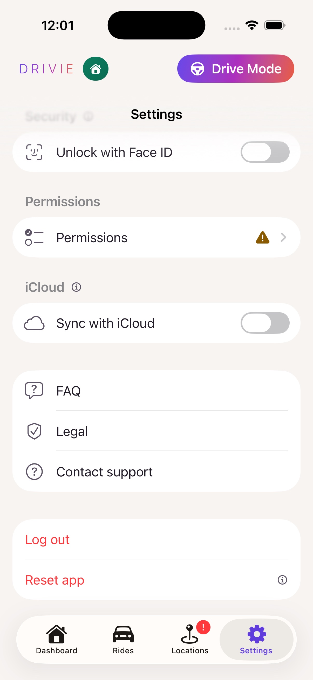 Het instellingenscherm met machtigingen, FAQ en contact support
